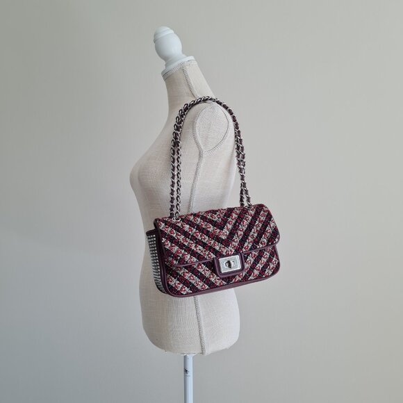 Karl Lagerfeld Agyness Tweed Crossbody Flap NWOT Convertible Wine Navy Luxury - Picture 3 of 16